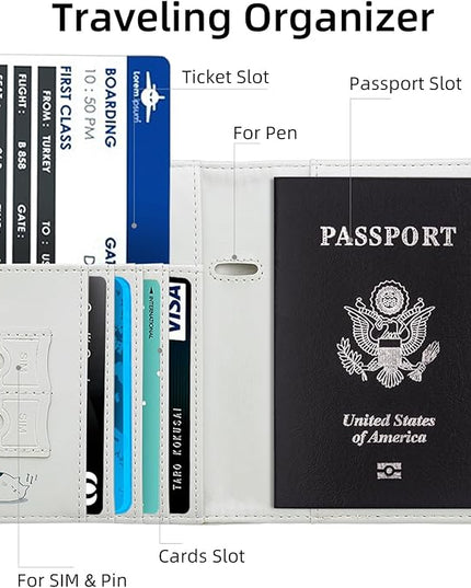 WALNEW Passport Holder for Travel, RFID Passport Cover Wallet for Women Men, PU Leather Passport Book Card Holder Case with Pen, Travelling Essentials for Flying