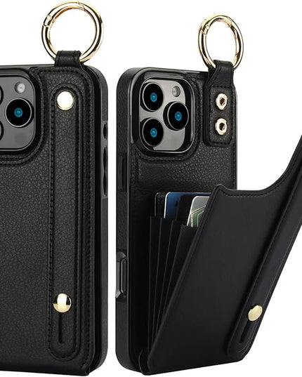 Folosu for iPhone 16 Pro Max Wallet Case with Card Holder, Hand Wrist Strap Loop Holder Kickstand, RFID Blocking Finger Grip Ring PU Leather Double Buttons Shockproof Cover 6.9" Black