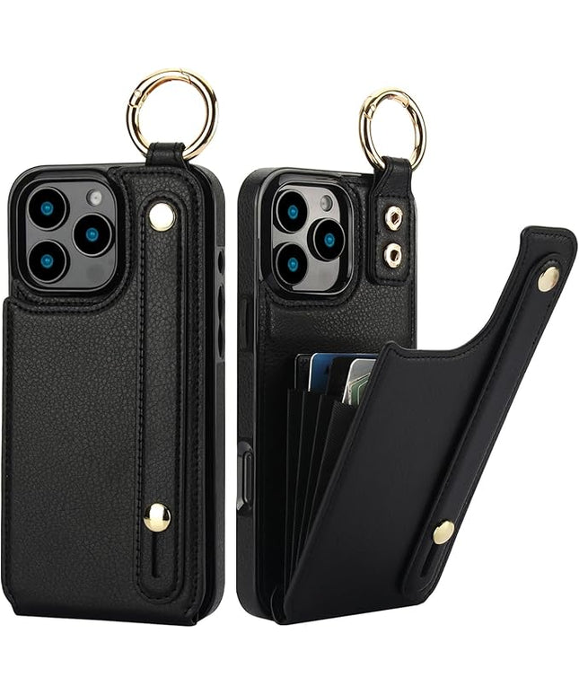 Folosu for iPhone 16 Pro Max Wallet Case with Card Holder, Hand Wrist Strap Loop Holder Kickstand, RFID Blocking Finger Grip Ring PU Leather Double Buttons Shockproof Cover 6.9" Black
