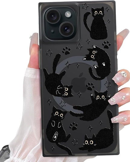 Cute Case for iPhone 15 Case for Women Girls Boys [Compatible with Magsafe] Kawaii Black Cats Cat Pattern Design, Aesthetic Girly Animal Rectangle Magnetic Protective Phone Cover
