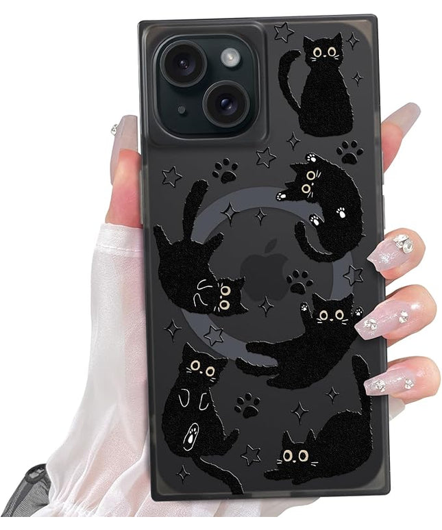 Cute Case for iPhone 15 Case for Women Girls Boys [Compatible with Magsafe] Kawaii Black Cats Cat Pattern Design, Aesthetic Girly Animal Rectangle Magnetic Protective Phone Cover