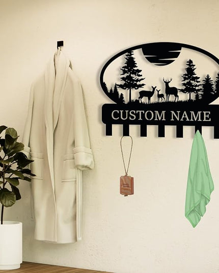 Personalized Metal Key Holder for Wall, Custom Metal Deer Cabin Key Hooks with Name, Name Letter Wall Decoration Key Hooks, Farmhouse Deer Sign, Key Rack for Kitchen, Key Organizer for Cabin Home Gift