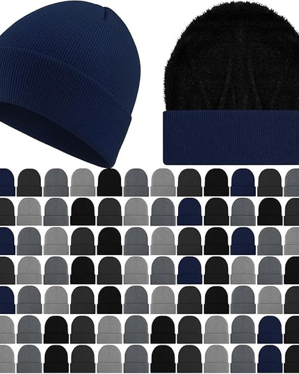 Chicingyou 120 Pcs Bulk Men Knitted Hats with Fleece Lining for Charity Homeless Donations, Unisex Beanies Winter Warm Hats