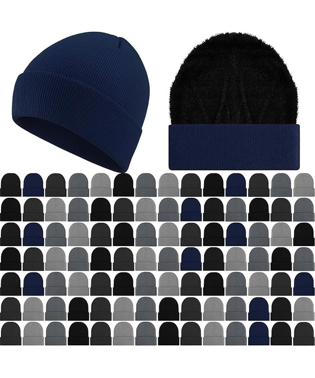 Chicingyou 120 Pcs Bulk Men Knitted Hats with Fleece Lining for Charity Homeless Donations, Unisex Beanies Winter Warm Hats