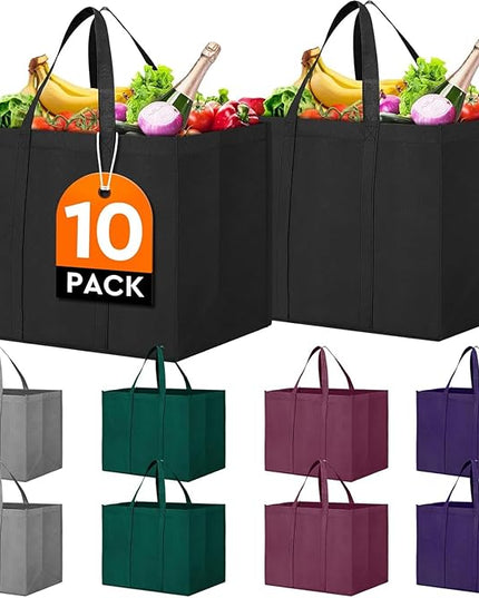 WISELIFE Reusable Grocery Shopping Bags 10 Pack Large Foldable Tote Bags Bulk,Eco Produce Bags with Long Handle for Shopping Groceries Clothes(5 Assorted Colors)