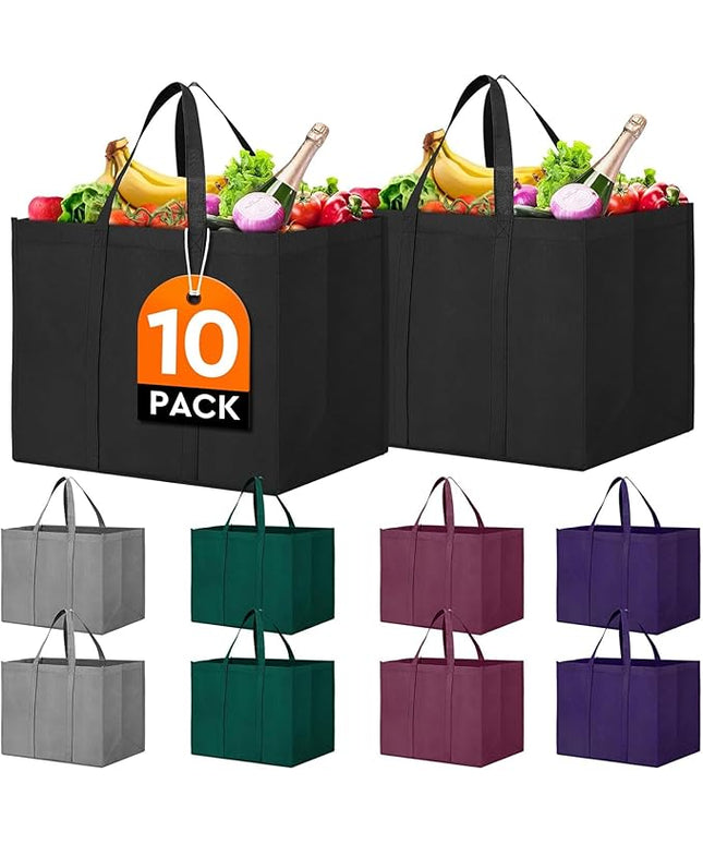 WISELIFE Reusable Grocery Shopping Bags 10 Pack Large Foldable Tote Bags Bulk,Eco Produce Bags with Long Handle for Shopping Groceries Clothes(5 Assorted Colors)