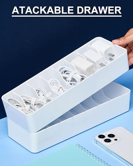 Tatuo 2 Pcs Cable Organizer with 20 Wire Ties, Plastic Cord Storage Charger Electronics Box with Adjustment Compartments for Drawer Home Office Desk Accessories (White)