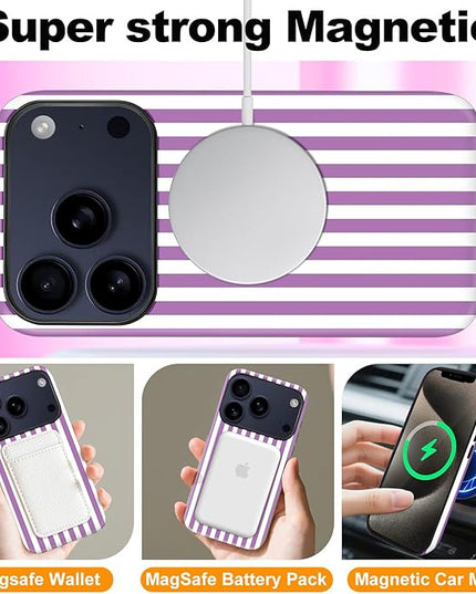 Magnetic for iPhone 17 Pro Max Case Cute Stripes Phone Case, Shockproof Slim TPU and Hard PC Protective Phone Cover Compatible with MagSafe Designed for Women Girls, Purple