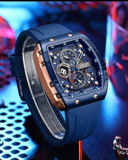 PASOY Luxury Chronograph Watches for Mens Rubber Strap Black Waterproof Date Analog Quartz Watch