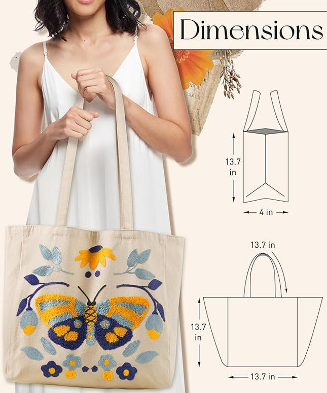 Aesthetic Embroidery Tote Bag for Women - Reusable Canvas Cute Shoulder Bag for Shopping, Grocery, Work, Book