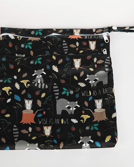 Wet Bag Baby Cloth Diaper Nappy Bag Reusable Washable With Two Zippered Pockets (Animal Racoon)