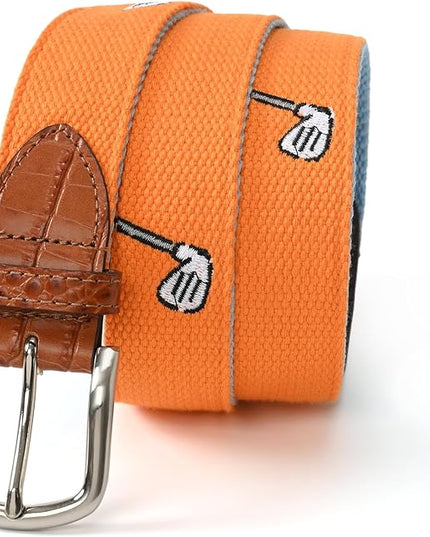 Mile High Life Golf Belts for Men, Canvas Belt with Genuine Leather Tips, Embroidered 2 Layer Web Belt with Pin Buckle