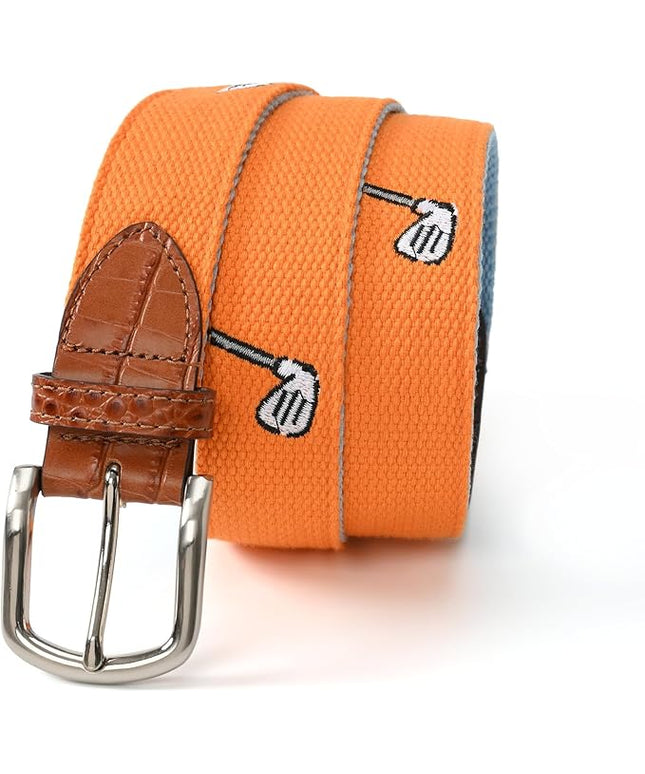 Mile High Life Golf Belts for Men, Canvas Belt with Genuine Leather Tips, Embroidered 2 Layer Web Belt with Pin Buckle