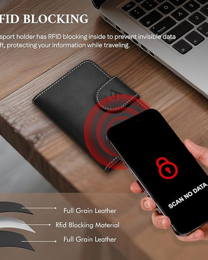 ALLIVE Passport Holder for Travel, Genuine Leather Passport Holder with AirTag Hidden Pocket, Rfid Blocking Passport Cover Travel Wallet for Women Men, Airport Essentials Gift (Black)