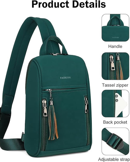 FADEON Sling Bag for Women, Crossbody Backpack with Tassels, Designer Leather Shoulder Chest Bags for Travel