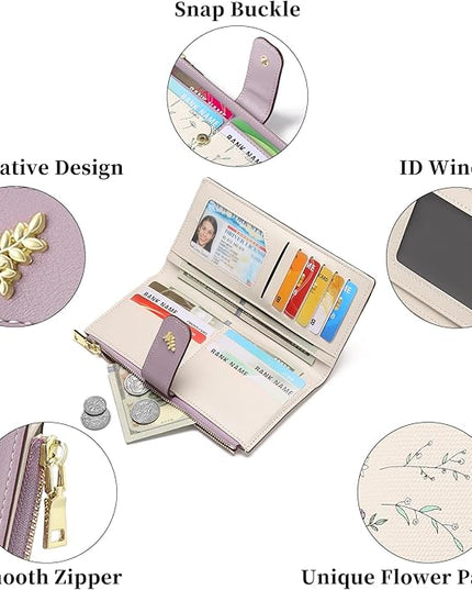 GAEKEAO Womens Wallet Slim Thin RFID Blocking Floral Vegan Leather Card Holder Bifold Long Ladies Wallet with Zipper Pocket