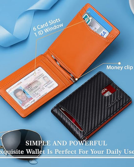 RUNBOX Slim Wallets for Men with RFID Blocking & Minimalist Mens Front Pocket Wallet Leather Black&inner Orange
