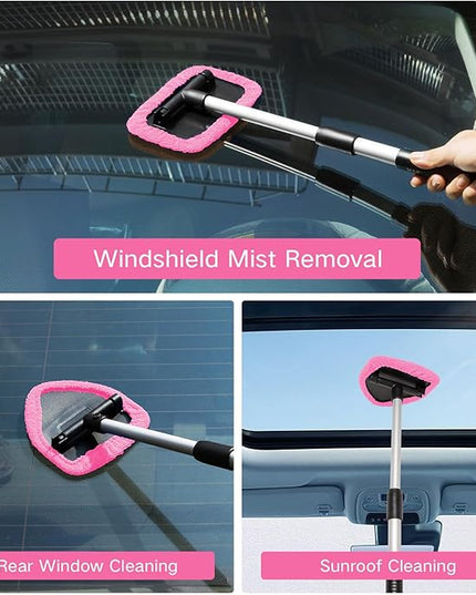 11pcs Windshield Cleaner Tool, Car Window Cleaning Wash Kit with 6 Reusable Microfiber Pads 2 Spray Bottles and Extendable Handles Auto Glass Wiper Kit, Pink