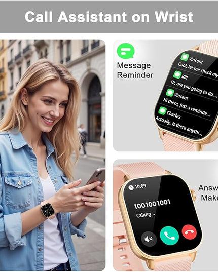 Smart Watches for Men Women, 1.85'' AMOLED HD Fitness Tracker with 100+ Sports Modes, Smartwatches with Bluetooth Call/Heart Rate/Sleep Monitor/Pedometer, IP68 Waterproof Watch for Swimming, Gold
