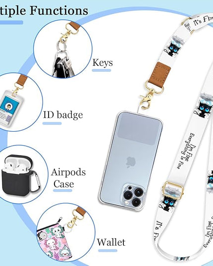 Phone Lanyard Crossbody with Wrist Strap, Black Cat Cell Phone Lanyards for around the Neck Wristlet Adjustable Strap Funny Cute for Keys Case ID Badges Accessories