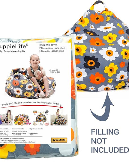 YuppieLife Kids Storage Bean Bag Cover（No Filling）Toy Organizer|Carrying Handle Sofa|Available for Kids and Teenager|Cuddle Chair|Machine Washable and Durable（27“,Grey Flora）