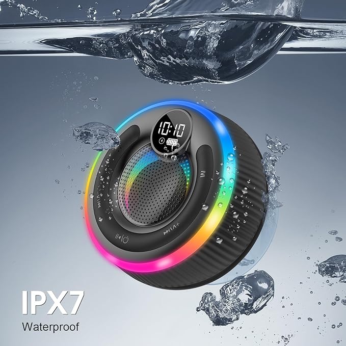 Bluetooth Speaker, Shower Speaker Stereo Sound, IPX7 Waterproof Speakers, Digital Display Portable Speaker with Suction Cup, LED Light, Small Wireless Speakers for Outdoor Party Beach Bathroom, Black