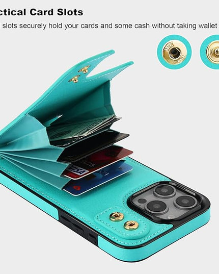 Folosu Compatible with iPhone 16 Pro Max Case Wallet with Card Holder, 360°Rotation Finger Ring Holder Kickstand, RFID Blocking Leather Protective Double Buttons Shockproof Cover 6.9 Inch Mint Green