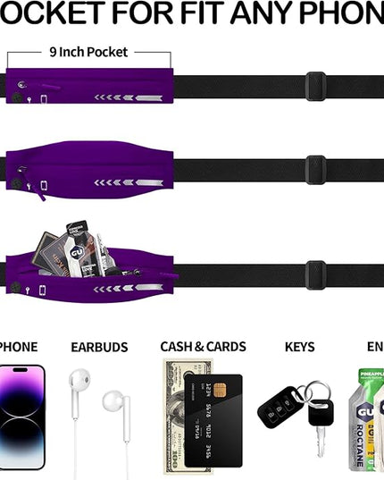 USHAKE Slim Running Belt for Women Men-Runners Phone Holder Fanny Pack, Adjustable, Bounce Free Waist Pouch bag for Workout, Money Belt, Run Gear Accessories Purple