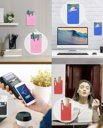SS Card Holder for Back of Phone, Cell Phone Wallet Stick-on Credit Card Sleeve Pocket Silicone Pouch Compatible for iPhone, Samsung Galaxy and Most SamrtPhones 4 Pack