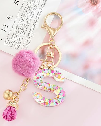 Resin Alphabet Initial Letter Keychain Keyring for Women Purse Handbags With Fur Ball Pom