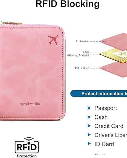Passport Holder for Travel Women and Men RFID Passport Holder with Card Slots Holder Passport Case Passport cover Passport Wallet Travel Essentials and Accessories (Short Zipper, SZH-Pink)