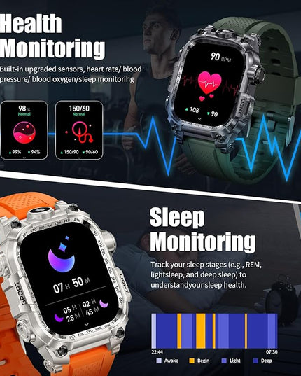 Military Smart Watches for Men(Answer/Make Calls),2.01"HD Screen Sports Smartwatch with LED Flashlight/700mAh Battery,IP68 Waterproof Fitness Tracker for Android iOS,100+Sport Modes,Green Silicone