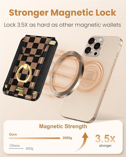 Shorogyt Compatible with Magsafe Wallet with Ring Grip Magnetic Card Holder - Cute Phone Wallets with Stand for iPhone 17/16/15/14/13/12 Series for Women Girls Black Grid Design, Fit 7 Cards