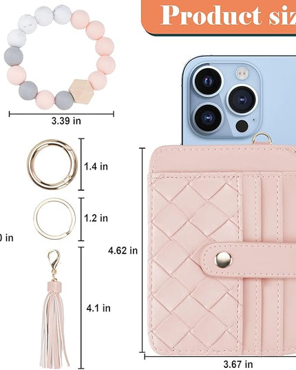 Keychain Wallet with Bracelet RFID Blocking Wristlet Credit Purse Card Holder, Silicone Bead Tassel Key Ring for Women