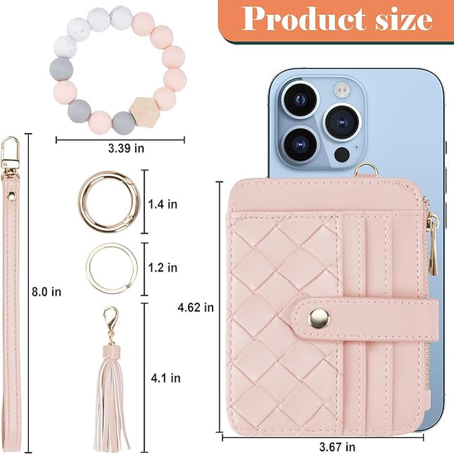 Keychain Wallet with Bracelet RFID Blocking Wristlet Credit Purse Card Holder, Silicone Bead Tassel Key Ring for Women