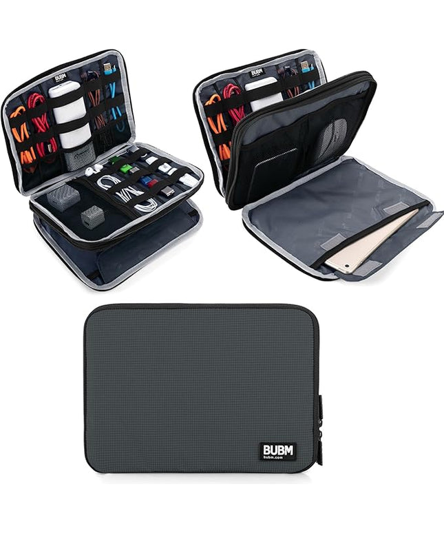 BUBM Double Layer Electronics Organizer, Travel Gadget Bag for Cables, Memory Cards, Flash Hard Drive and More, Fit for iPad or Tablet(up To 9.7")--Large, Gray
