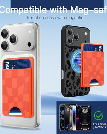 Stronger Magnetic Card Slot Wallet for iPhone 17/16/15/14/13/12 Series (Not for 13/12 Mini), Checkered Pattern Hard Card Holder Fit 3 Cards Compatible with Magsafe Accessories, Orange