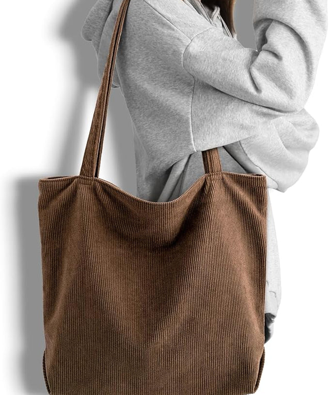 Iioscre Corduroy Tote Bag for Women,Hobo HandBags with Zipper,Large Capacity Casual Shoulder Handbags with Inner Pockets