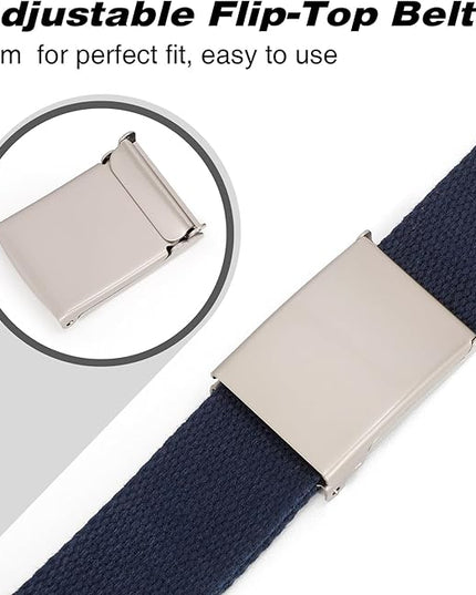 WHIPPY Canvas Web Belt Flip-Top Solid Black Military Buckle Fully Adjustable Mens Webbing Belts Cut To Fit
