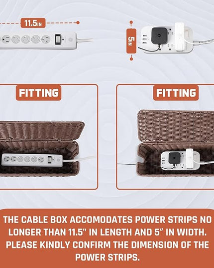 Cable Management Box, Handmade Rattan Cable Organizer with 2 Open Slots, Cord Hider for Power Strip, Router & USB Hub, Registered U.S. Design Patent (D1,112,102), 13" x 5.1" x 5.1", Brown