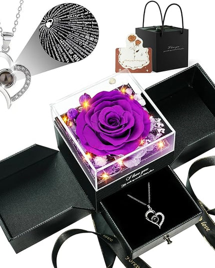 Birthday Gifts for Women, Preserved Real Roses with Heart Necklace I Love You in 100 Languages, Romantic Anniversary Wedding Gifts for Women Her Girlfriend Wife, Forever Roses Necklace Gift Box Purple