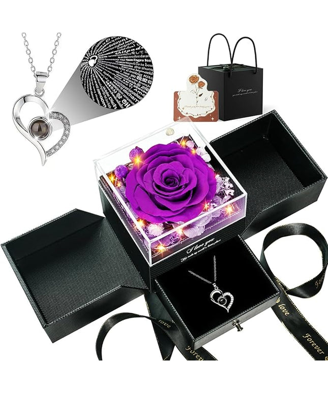 Birthday Gifts for Women, Preserved Real Roses with Heart Necklace I Love You in 100 Languages, Romantic Anniversary Wedding Gifts for Women Her Girlfriend Wife, Forever Roses Necklace Gift Box Purple