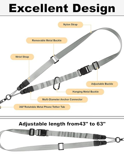 Adjustable Crossbody Phone Lanyard, Universal Phone Wrist Strap and Phone Neck Strap with Tether Tab, Phone Lanyard with Quick Release, Suitable for iPhone and Most Smartphones, Grey
