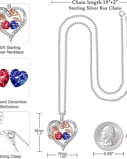 Iefil Christmas Gifts for Women Wife - 925 Sterling Silver Rose Heart Birthstone Necklace Birthday Anniversary Jewelry Gifts for Her Wife Mom Daughter