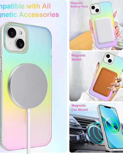 Cute Case for iPhone 14 & 13 Case for Women Girls [Compatible with Magsafe] Glitter Sparkly Girly Aesthetic Rainbow Magnetic Protective Cover, Translucent Iridescent Blue & Pink