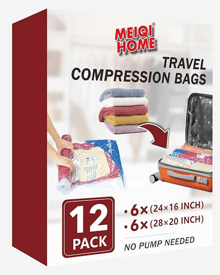 12 Pack Compression Bags for Travel | Vacuum Seal Storage Bags for Luggage & Dirty Clothes | Travel Packing Space Saver Bags for Suitcases & Home Organization | MEIQIHOME