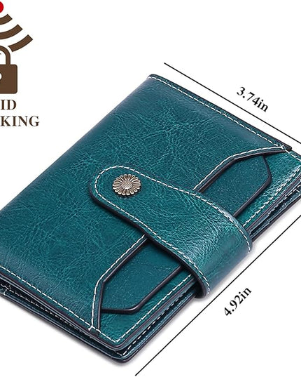 Falan Mule Women's Wallet, Genuine Leather, Bifold, RFID Blocking, Peacock Blue, 10 Slots, 2 Windows, 1 Zipper Pocket, 2 Compartments