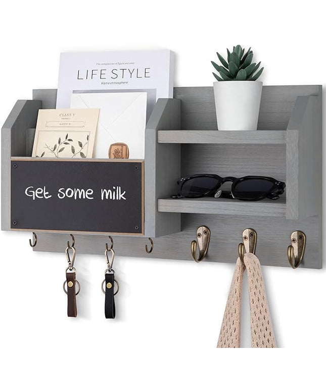 Lwenki Mail and Key Holder – Wall Mount Key Hanger with Shelf and 7 Metal Hooks – Decorative Natural Paulownia Wood Entryway Organizer with Mounting Hardware (16.5”W x 8.7”H x 3.5”D) (Gray)