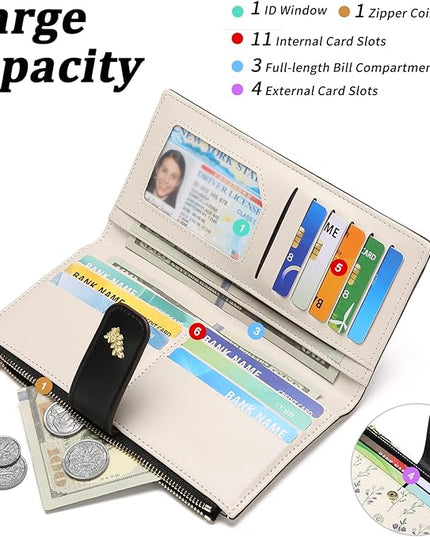 GAEKEAO Womens Wallet Slim Thin RFID Blocking Floral Vegan Leather Card Holder Bifold Long Ladies Wallet with Zipper Pocket