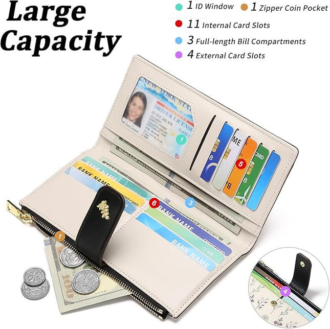 GAEKEAO Womens Wallet Slim Thin RFID Blocking Floral Vegan Leather Card Holder Bifold Long Ladies Wallet with Zipper Pocket